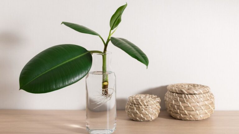 Rubber plant stem cutting developing roots in a glass of water