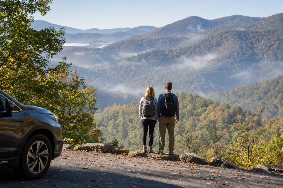 Couple overlooking the North Georgia mountains on a weekend getaway from Atlanta