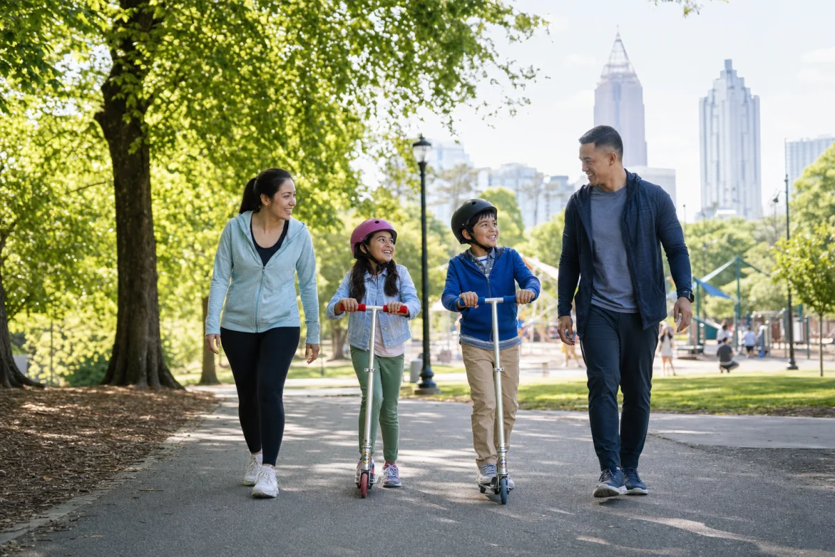 Family enjoying scooters together in an Atlanta park