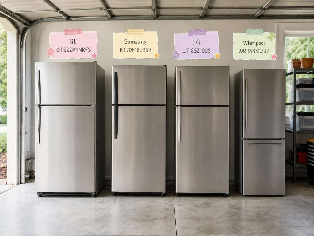Four stainless-steel garage refrigerators labeled GE GTS22KYNRFS, Samsung RT70F18LRSR, LG LT18S2100S, and Whirlpool WRB533CZJZ.