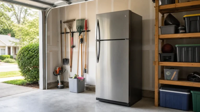 Stainless steel refrigerator in a typical American home garage with shelves and yard tools