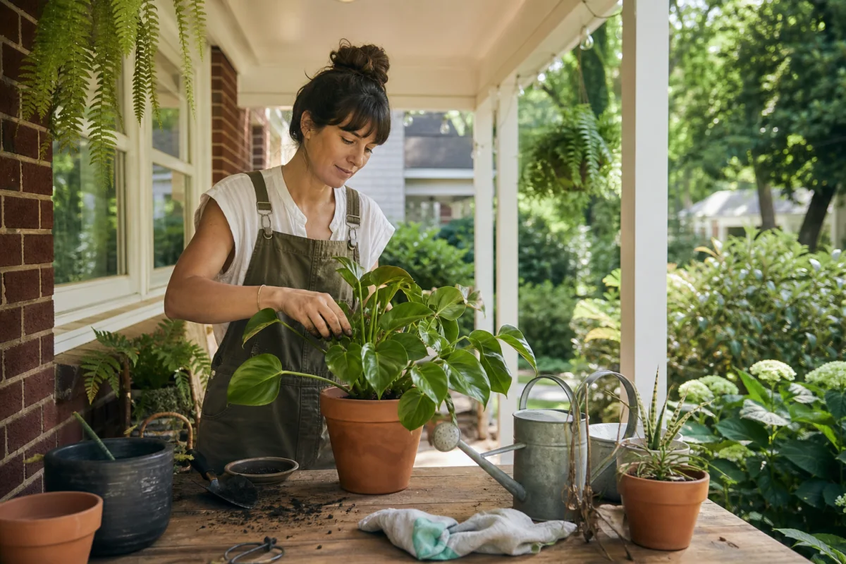 Resident repotting a houseplant on the porch of an Atlanta bungalow