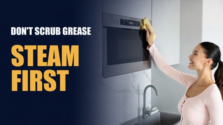 Woman cleaning a built-in microwave with the words Don’t Scrub Grease, Steam First.