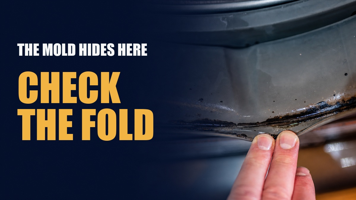 Front-load washer door gasket with the words The Mold Hides Here, Check the Fold.