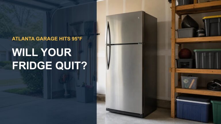 Garage refrigerator with the words Atlanta Garage Hits 95°F, Will Your Fridge Quit?