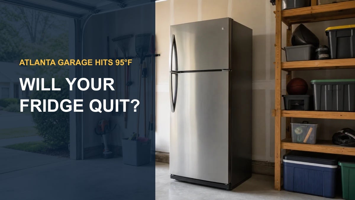 Garage refrigerator with the words Atlanta Garage Hits 95°F, Will Your Fridge Quit?