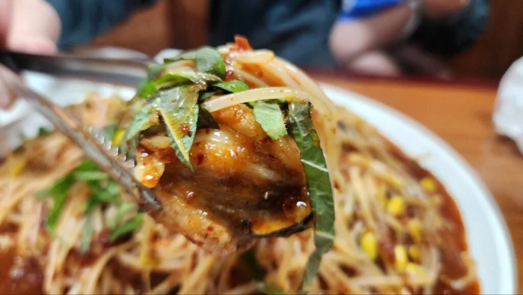 Close view of spicy monkfish and vegetables at Chung Ki Wa Korean BBQ