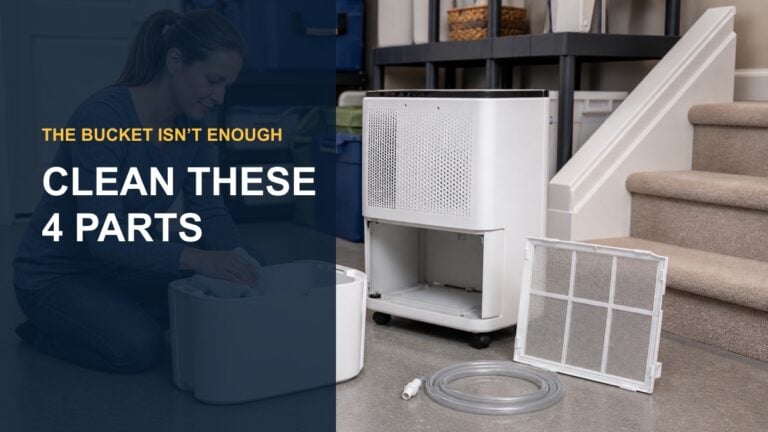Dehumidifier being cleaned with the words The Bucket Isn’t Enough, Clean These 4 Parts