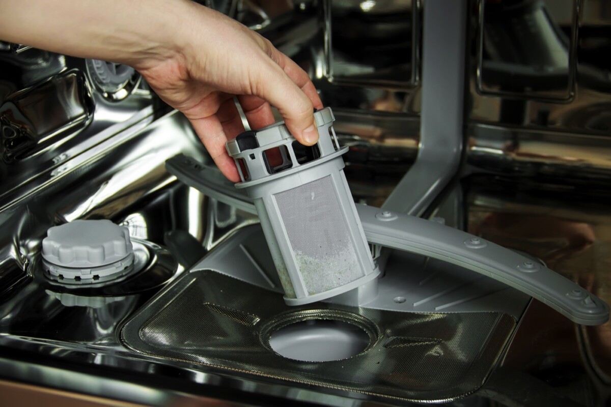 Person cleaning a dishwasher filter during appliance maintenance