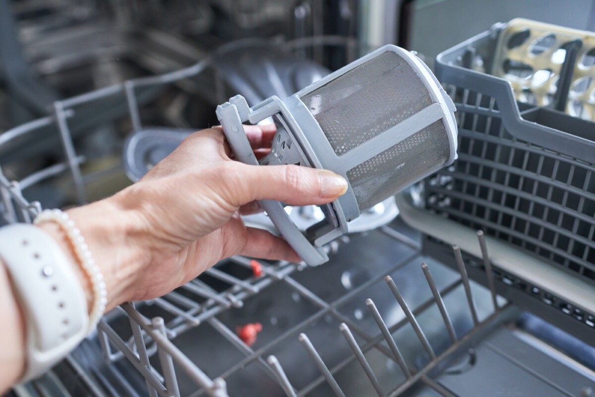 Dirty dishwasher filter held above an open dishwasher