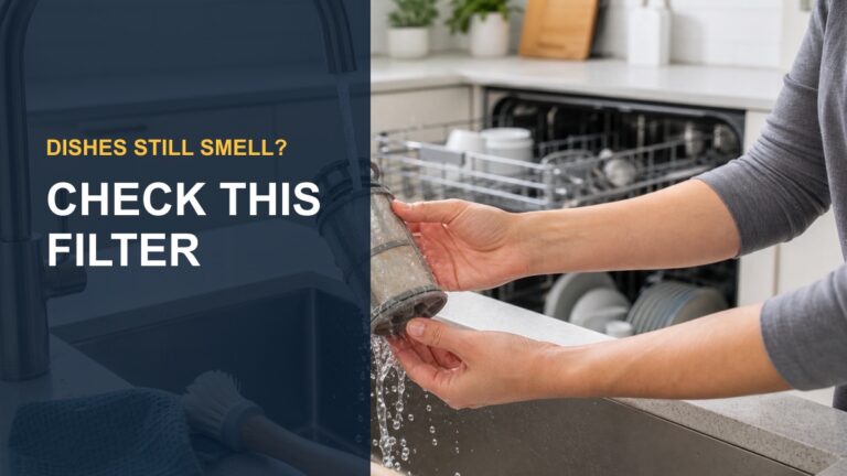 Dishwasher filter being rinsed with the words Dishes Still Smell, Check This Filter