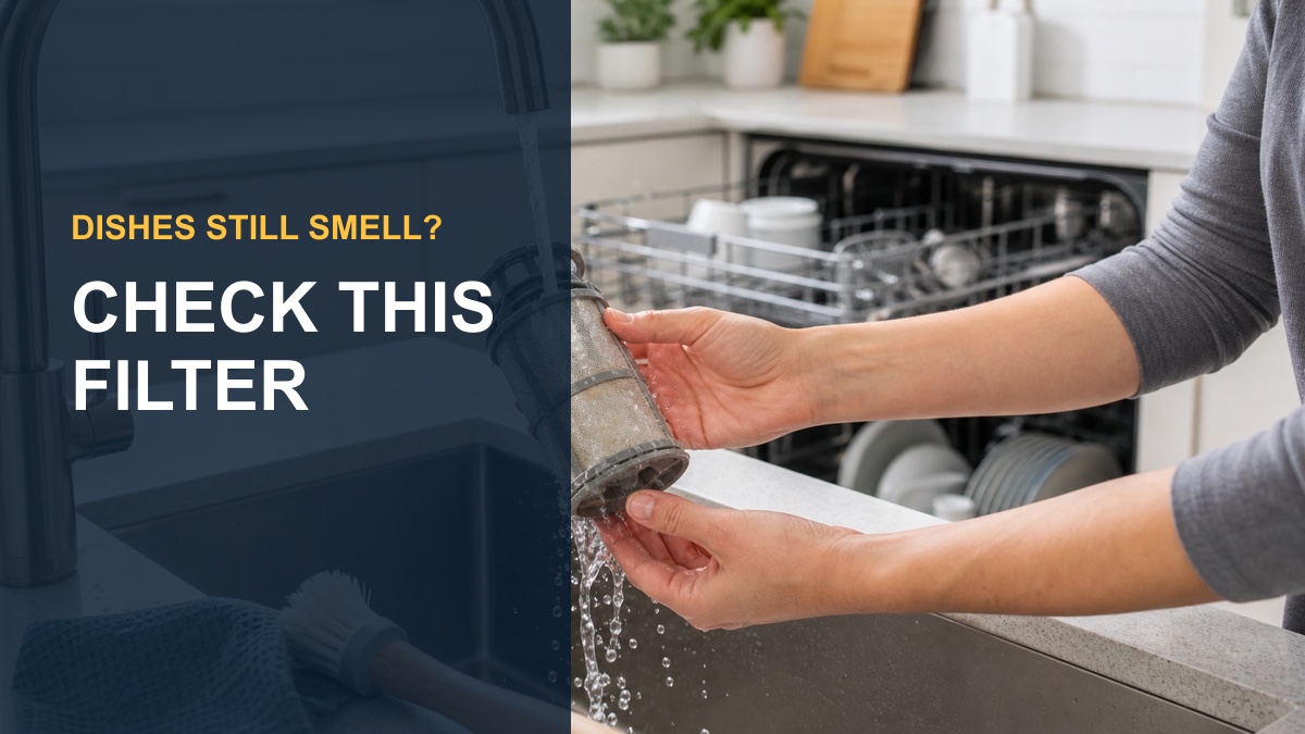 Dishwasher filter being rinsed with the words Dishes Still Smell, Check This Filter