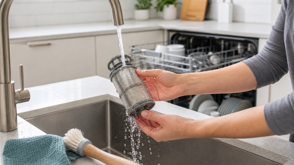 Dishwasher filter being rinsed under running water at a kitchen sink