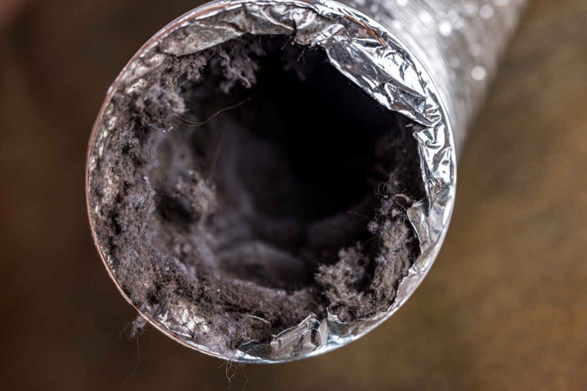 Flexible dryer vent duct filled with lint and dust