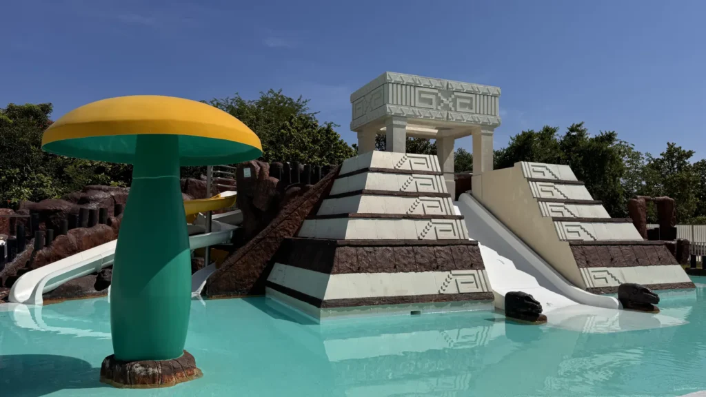 Mayan-themed kids water park slides at Finest Playa Mujeres