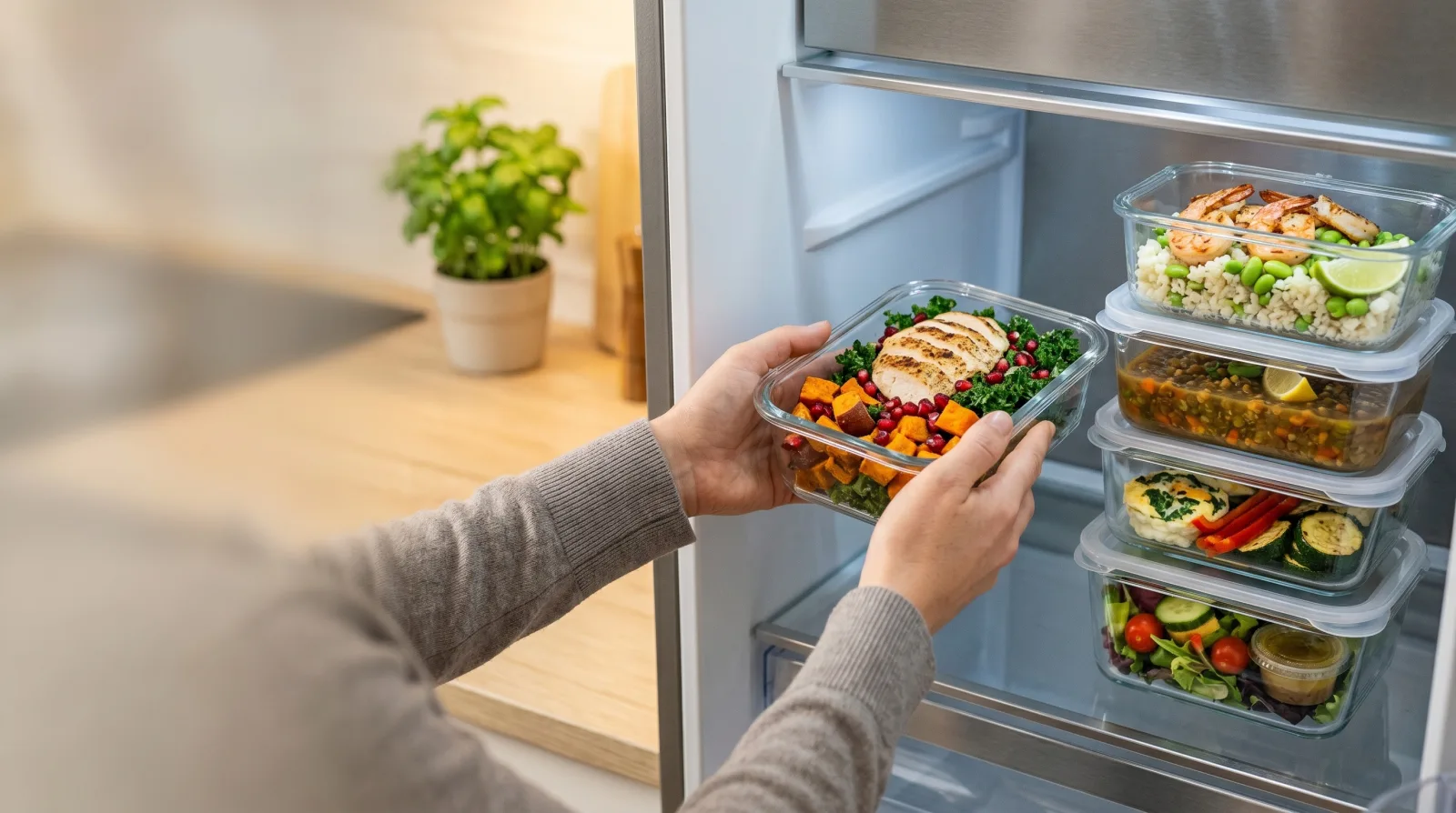 Healthy meal-prep containers arranged on a refrigerator shelf.