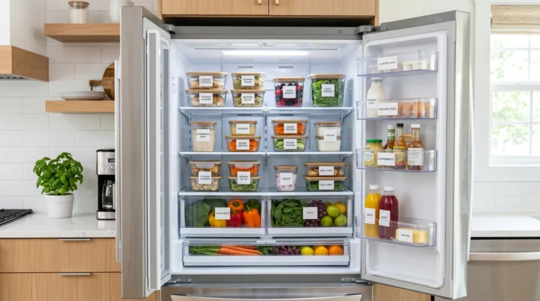 How to organize a refrigerator with clear containers and fresh produce.