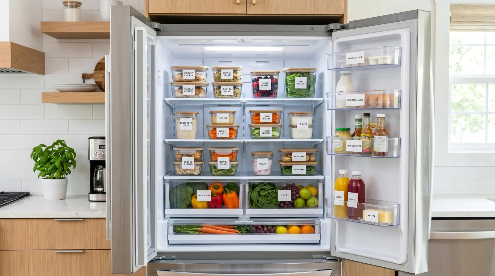 How to organize a refrigerator with clear containers and fresh produce.