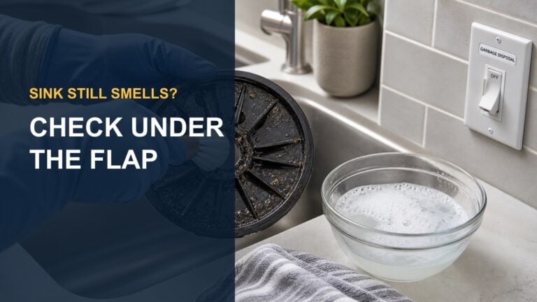 Garbage disposal splash baffle with the words Sink Still Smells, Check Under the Flap