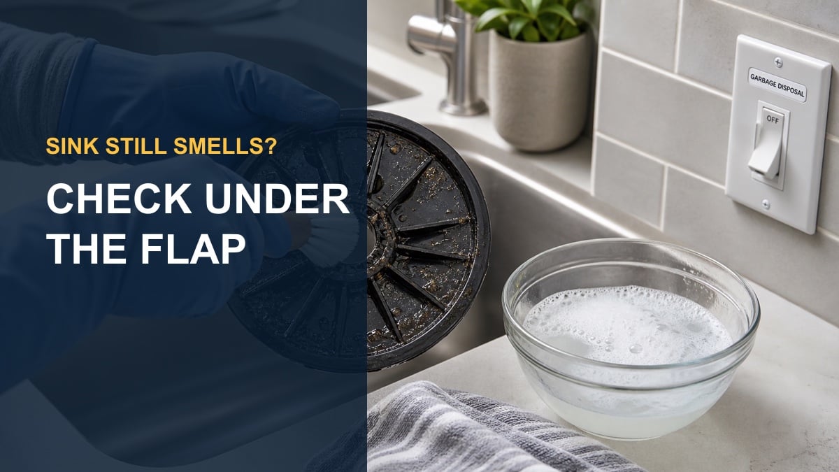 Garbage disposal splash baffle with the words Sink Still Smells, Check Under the Flap