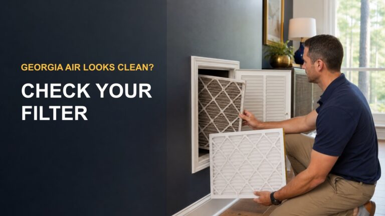 Georgia homeowner changing an HVAC filter with the words Georgia Air Looks Clean, Check Your Filter