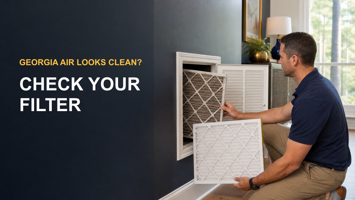 Georgia homeowner changing an HVAC filter with the words Georgia Air Looks Clean, Check Your Filter