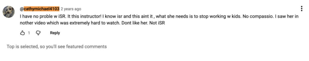 YouTube comment criticizing an ISR instructor’s handling of an infant