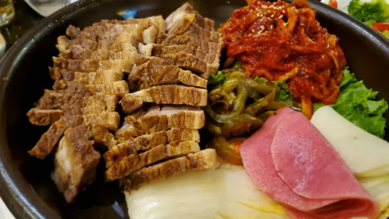 Korean pork platter with pickled radish at Jang Su Jang in Duluth