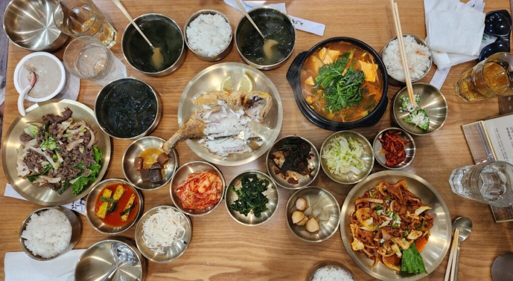 Spicy pork, bulgogi, grilled fish, and cod soup at K-Mom’s Kitchen
