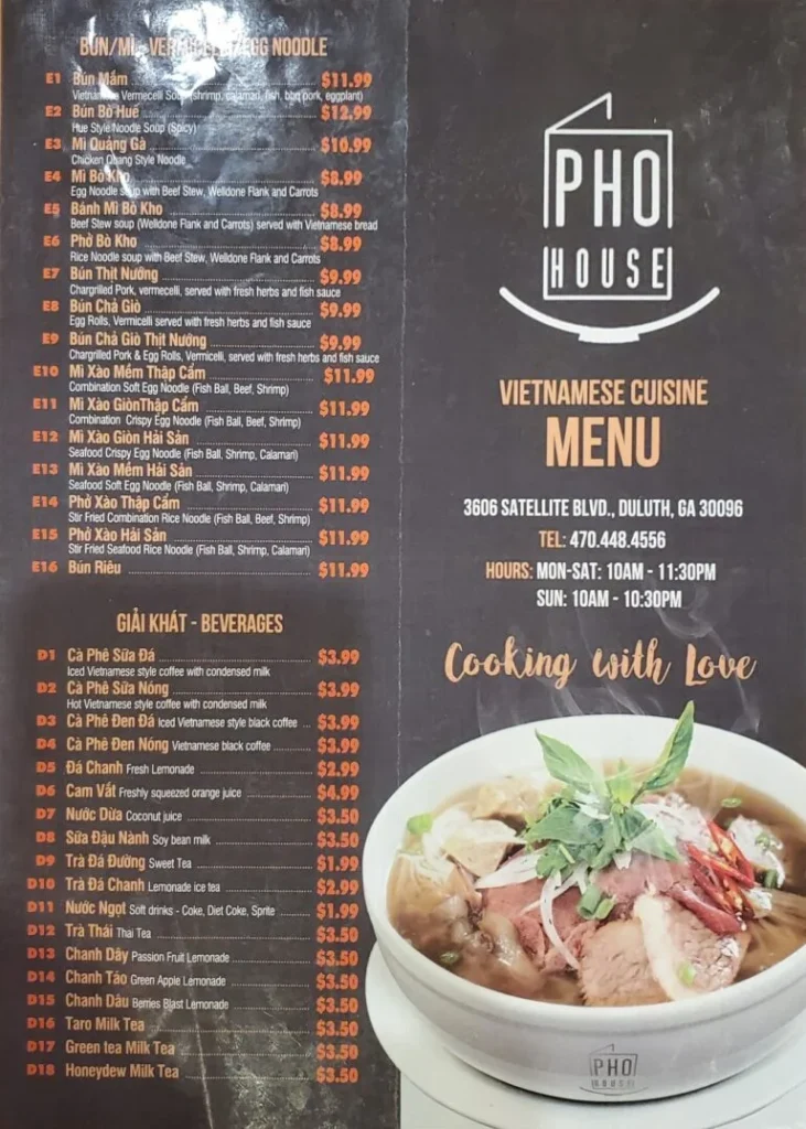 Second page of the Pho House Duluth menu photographed during the original visit