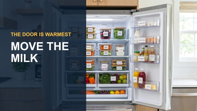 Organized refrigerator with the words The Door Is Warmest, Move the Milk