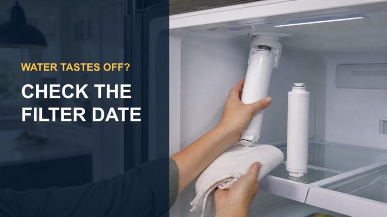 Refrigerator water filter replacement with the words Water Tastes Off, Check the Filter Date