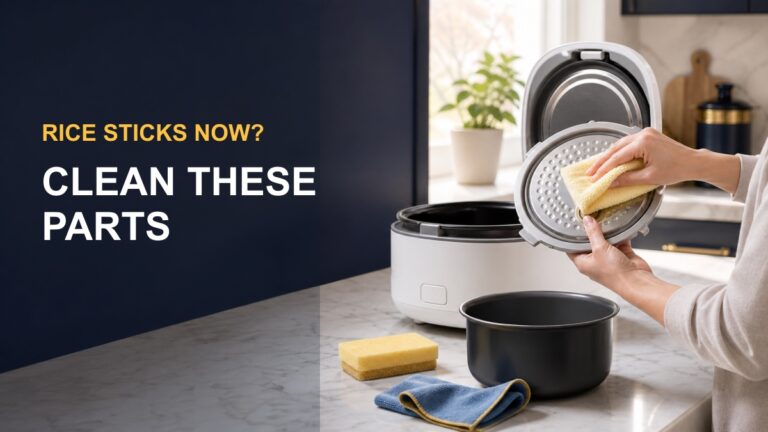 Rice cooker being cleaned with the words Rice Sticks Now, Clean These Parts