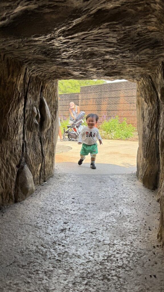 Child running through a rabbit-hole tunnel at Riverbanks Waterfall Junction