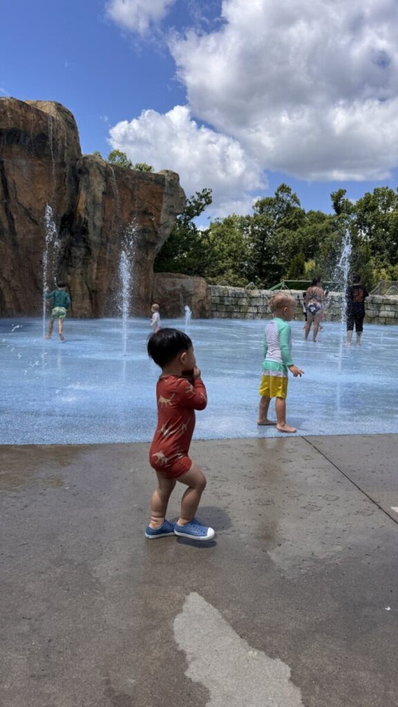 Children playing in Waterfall Junction fountains