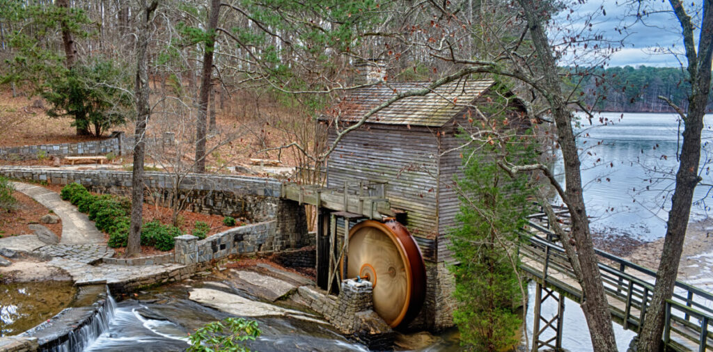 Historic Grist Mill beside the lake on a Stone Mountain day trip