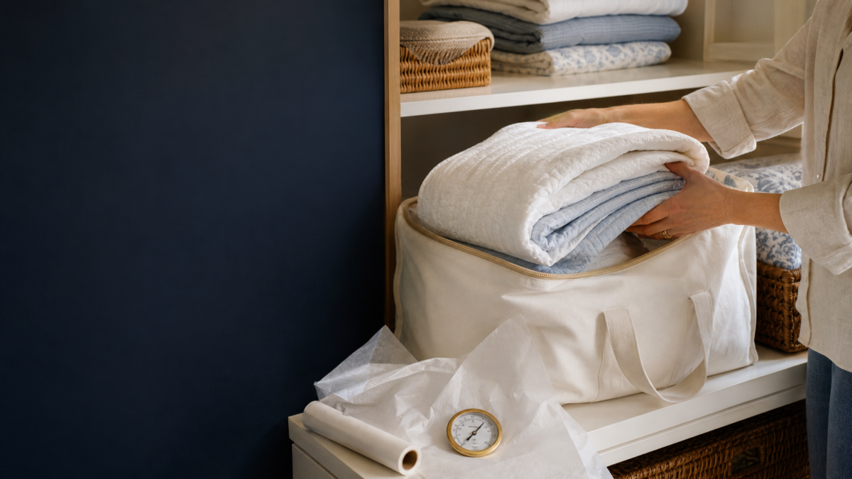 Clean dry summer quilts being folded into a breathable storage bag