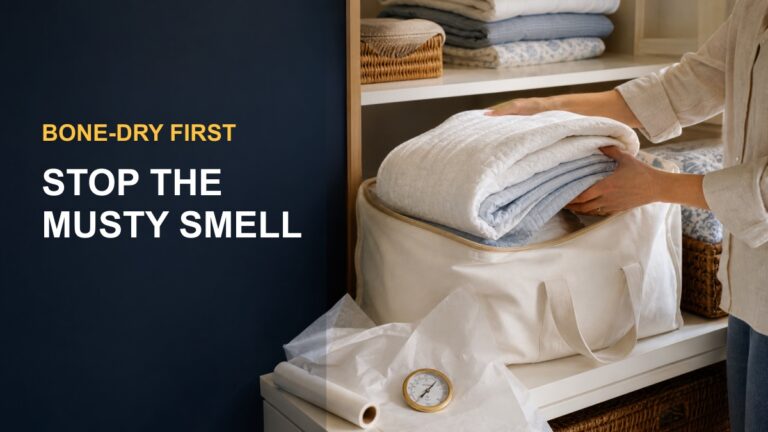 Summer bedding in a storage bag with the words Bone-Dry First, Stop the Musty Smell