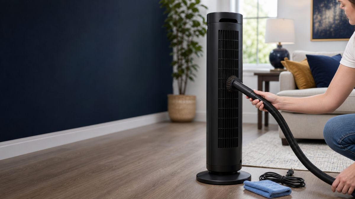 Unplugged tower fan being cleaned with a vacuum brush attachment