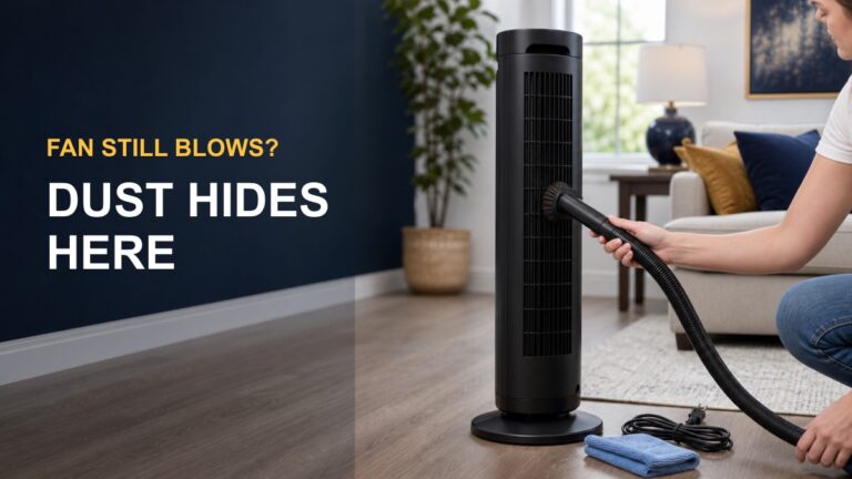 Tower fan being vacuumed with the words Fan Still Blows, Dust Hides Here